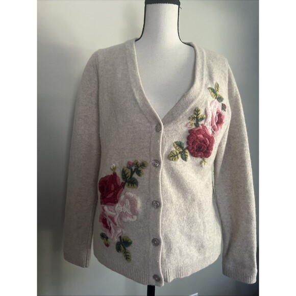 Garnet Hill Crewel Floral Embrodiered Cardigan 100% Wool Medium - Picture 1 of 7